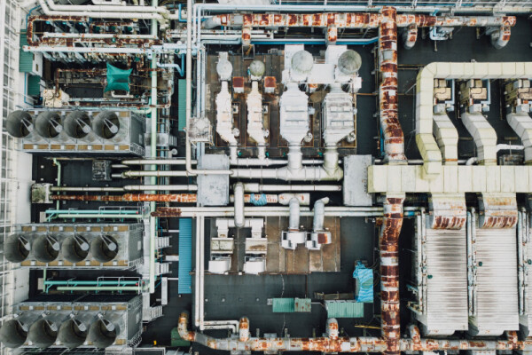 Bird eye view of industrial factory with temperature sensor equipment