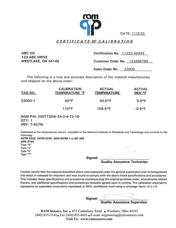 Example thermocouple calibration certificate from RAM Sensors, Inc.